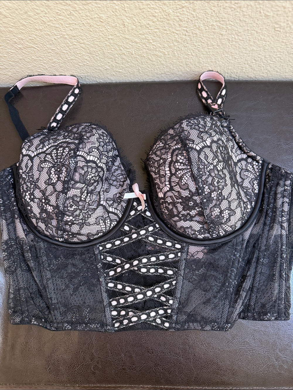 Black Lace Longline Underwire Bustier with Pink Accents